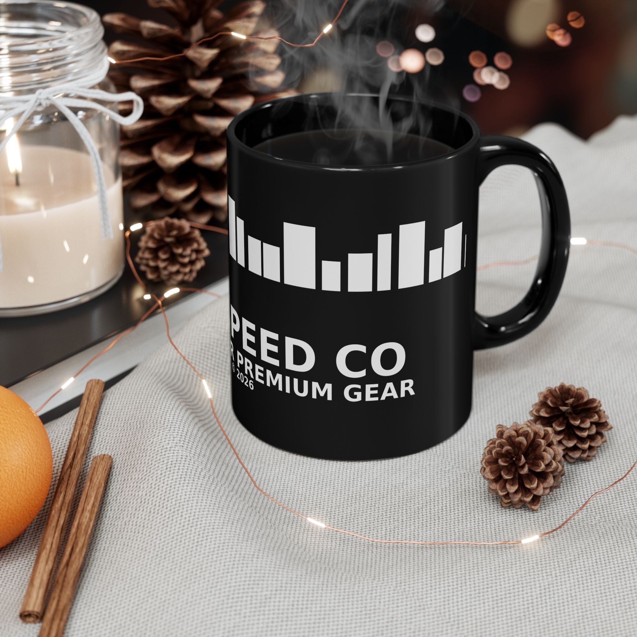 Speed Co. Logo Mug — Black Coffee Cup with White Bar Graphic